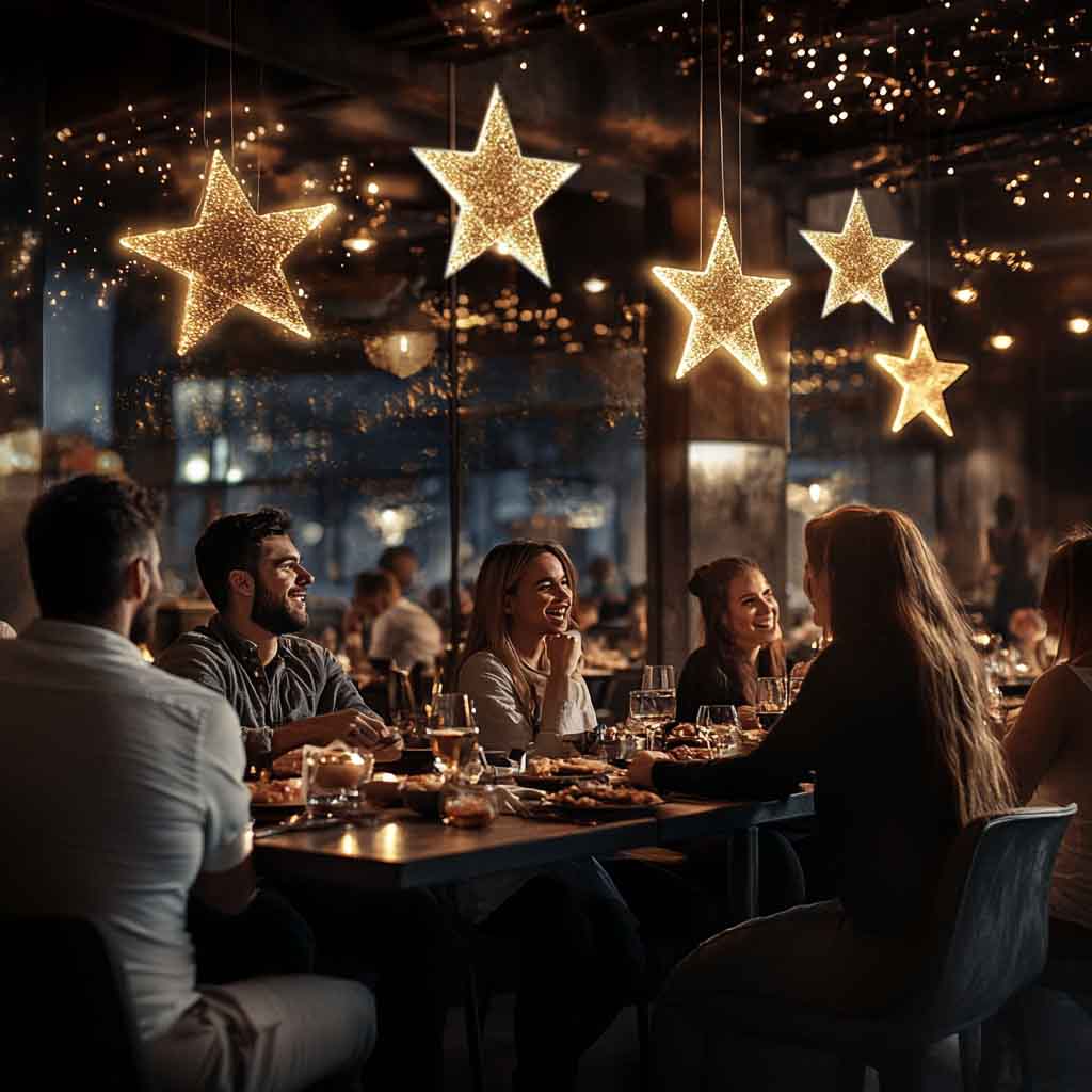 Happy customers enjoying meals in a vibrant restaurant, with glowing golden 5-star ratings floating above them, symbolizing excellent reputation management provided by Always Local Hospitality.